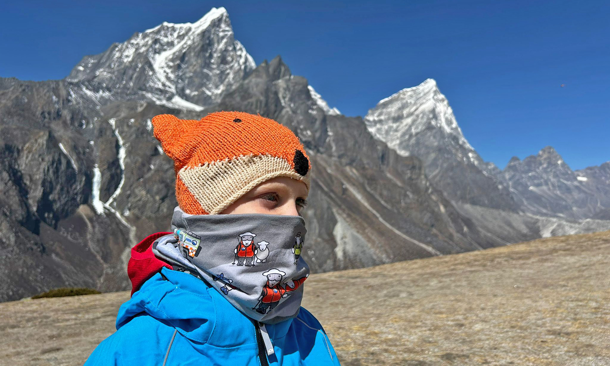Frankie McMillan wearing a Herdy Mountain Rescue buff at Everest Base Camp