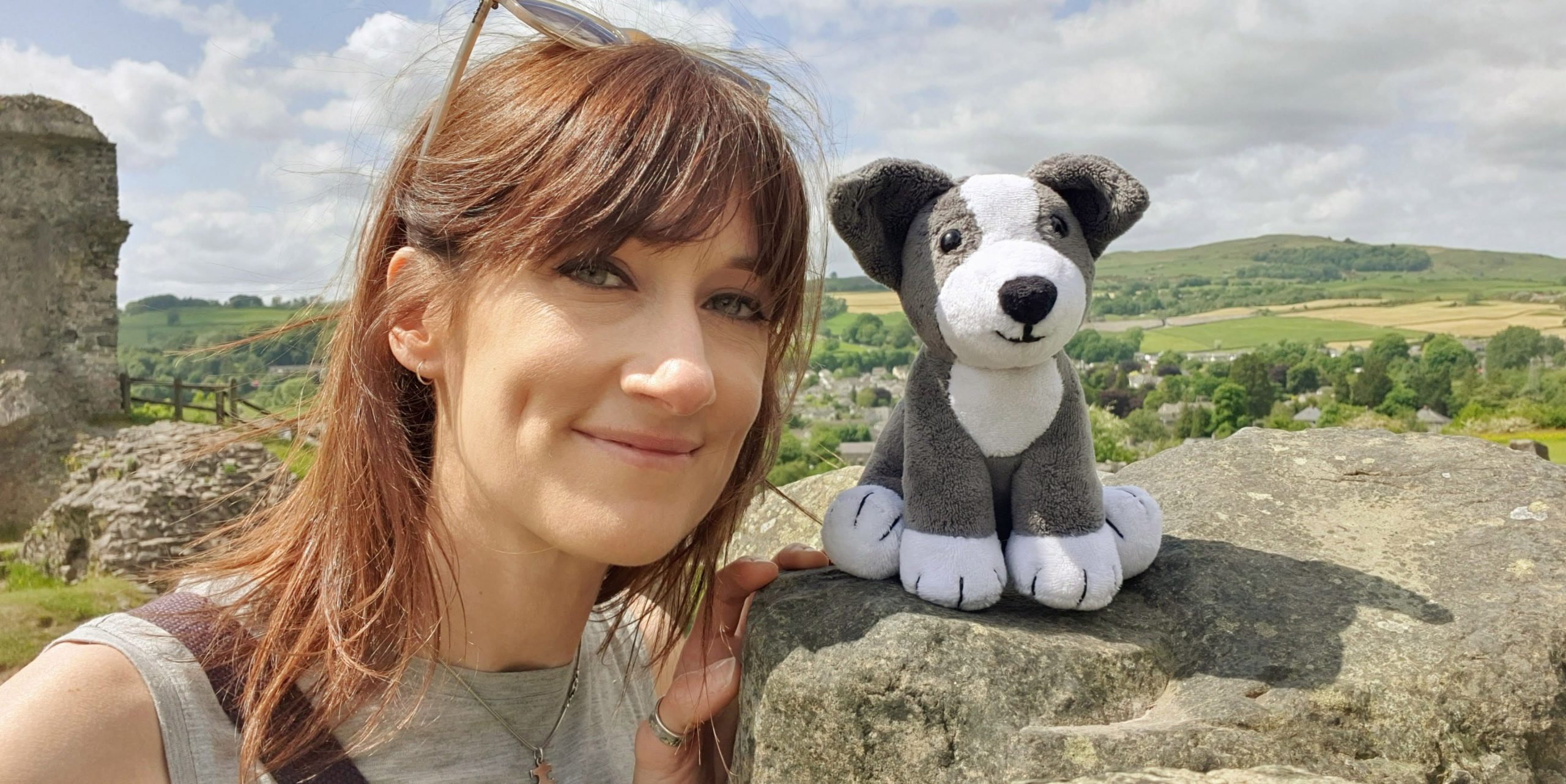 Amanda Thomas and Sheppy soft toy at Kendal Castle